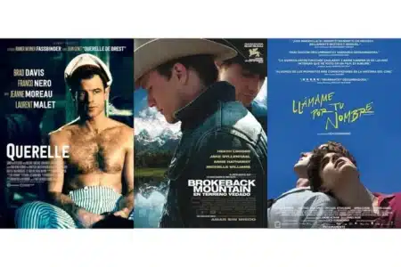 Carteles de Querelle, Brokeback Mountain y Llámame por tu nombre, tres películas basadas en novelas de temática gay